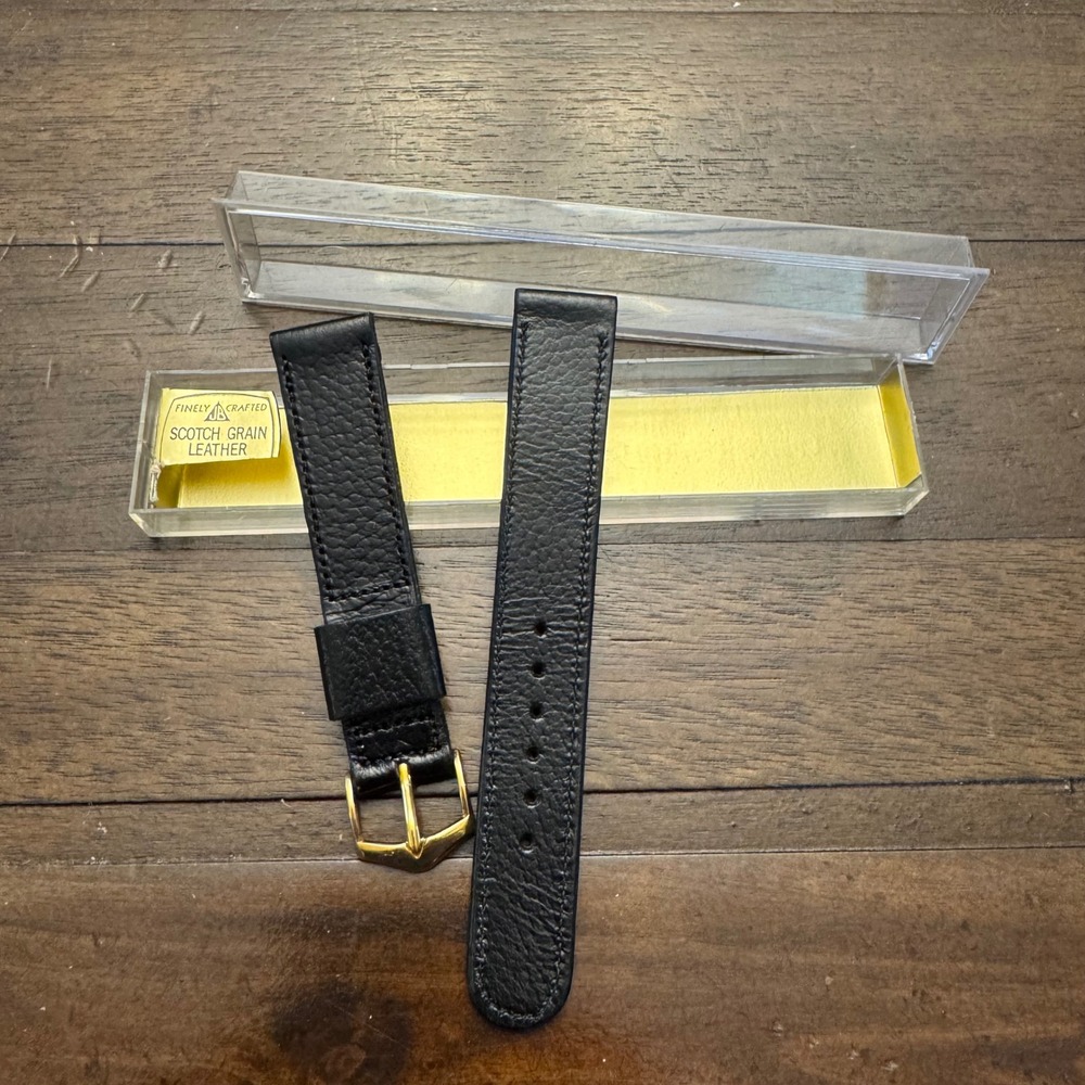JB Watch Strap Unisex 11/16 Black Scotch Grain Leather Vintage NOS Gold Buckle